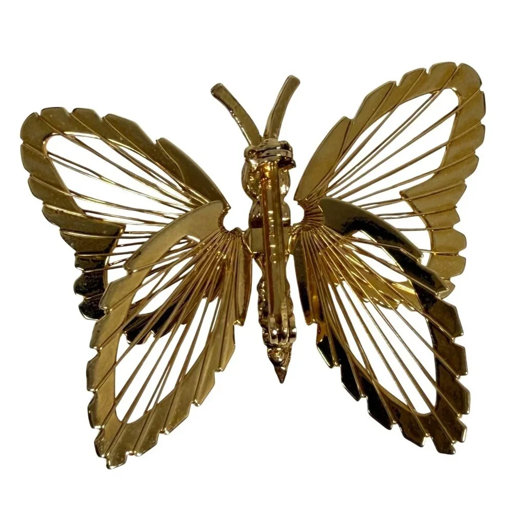 Vintage Signed MONET Golden Butterfly Brooch Pin Open Wire Layered Wings 2